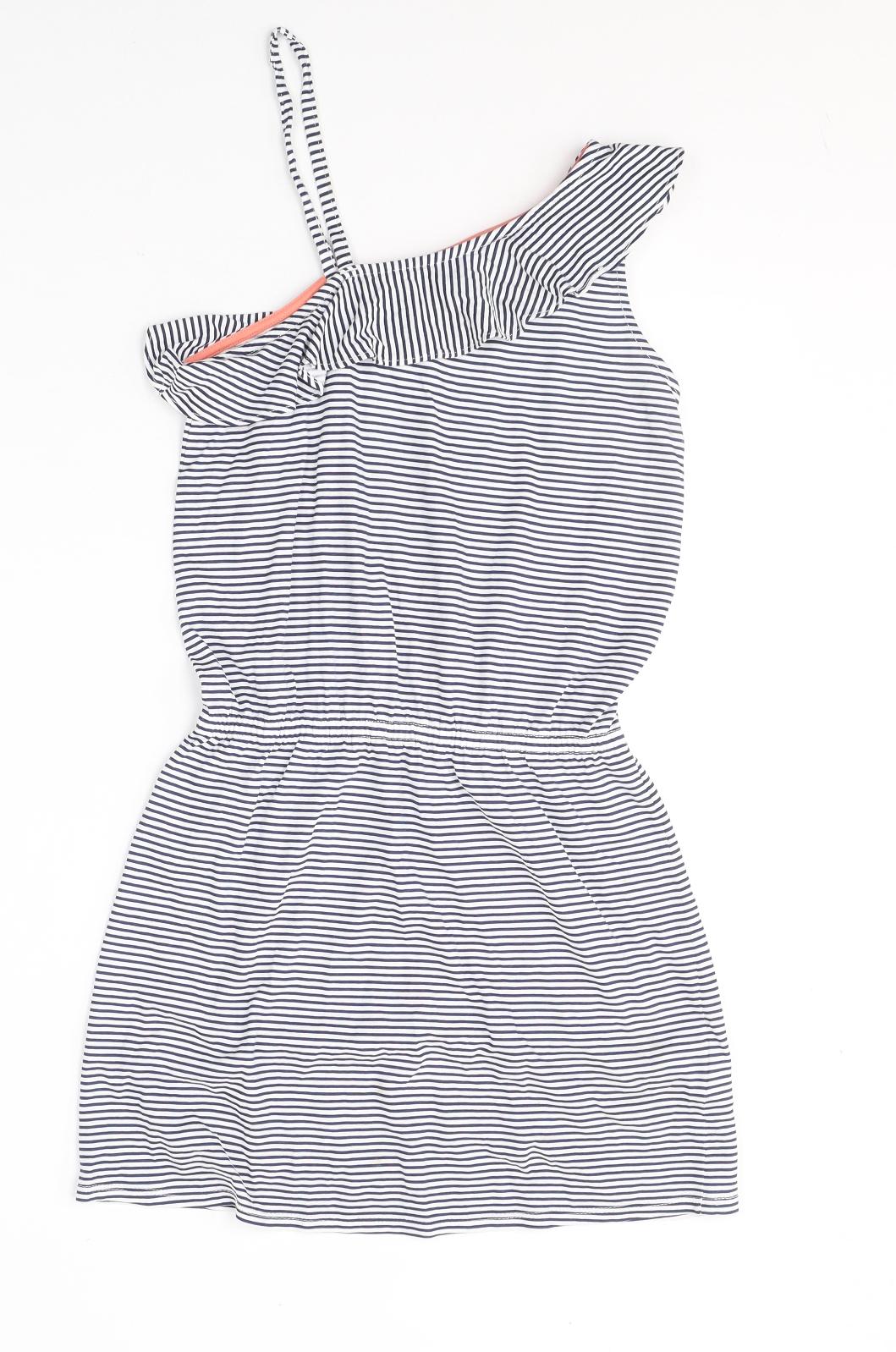 H&M Girls White Striped Cotton T-Shirt Dress  Size 8-9 Years  Round Neck Pullover - cold shoudler
