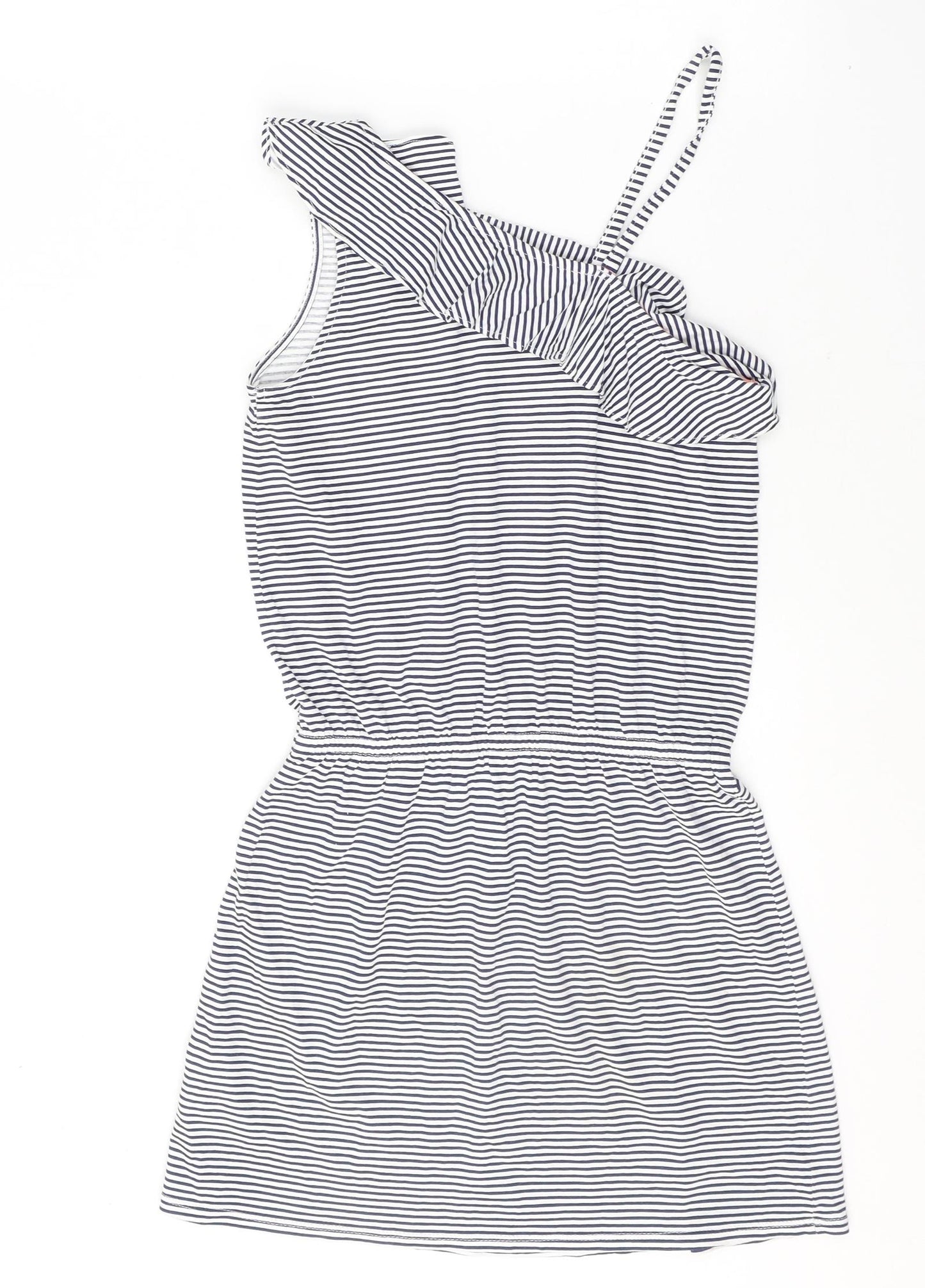 H&M Girls White Striped Cotton T-Shirt Dress  Size 8-9 Years  Round Neck Pullover - cold shoudler