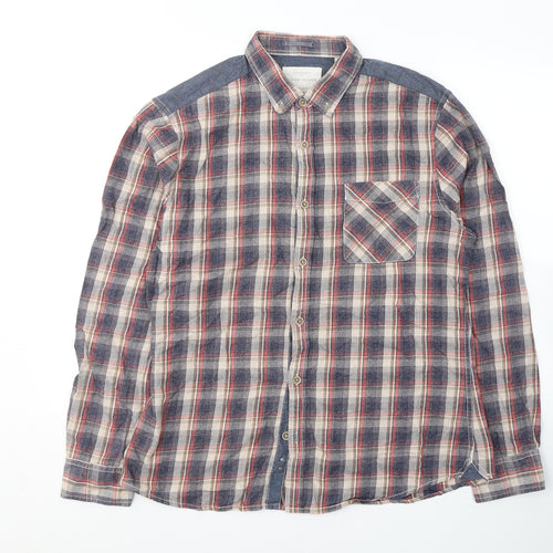 River Island Mens Blue Plaid Cotton  Button-Up Size L Collared Button