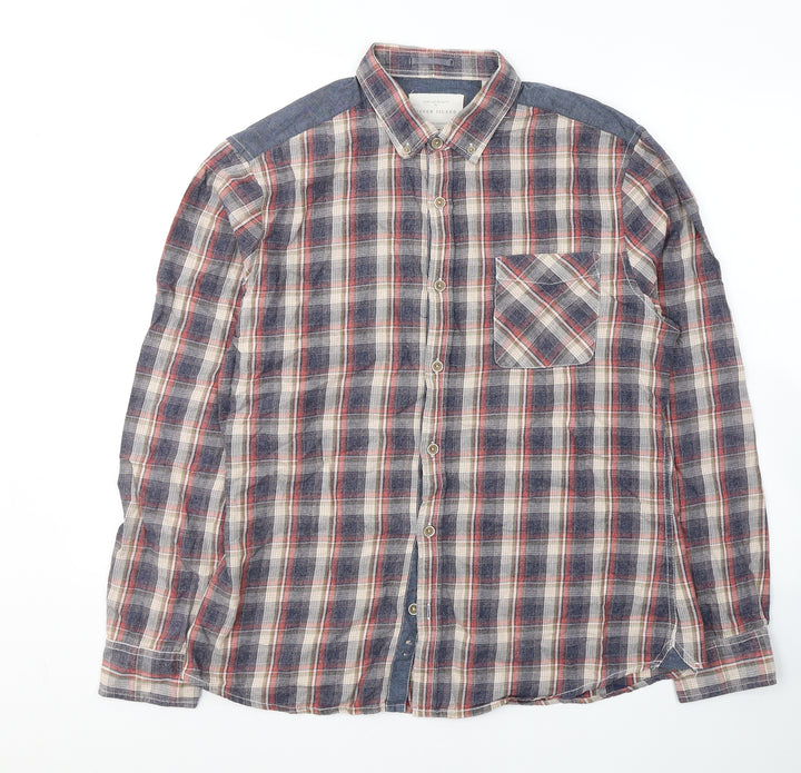 River Island Mens Blue Plaid Cotton Button-Up Size L Collared Button