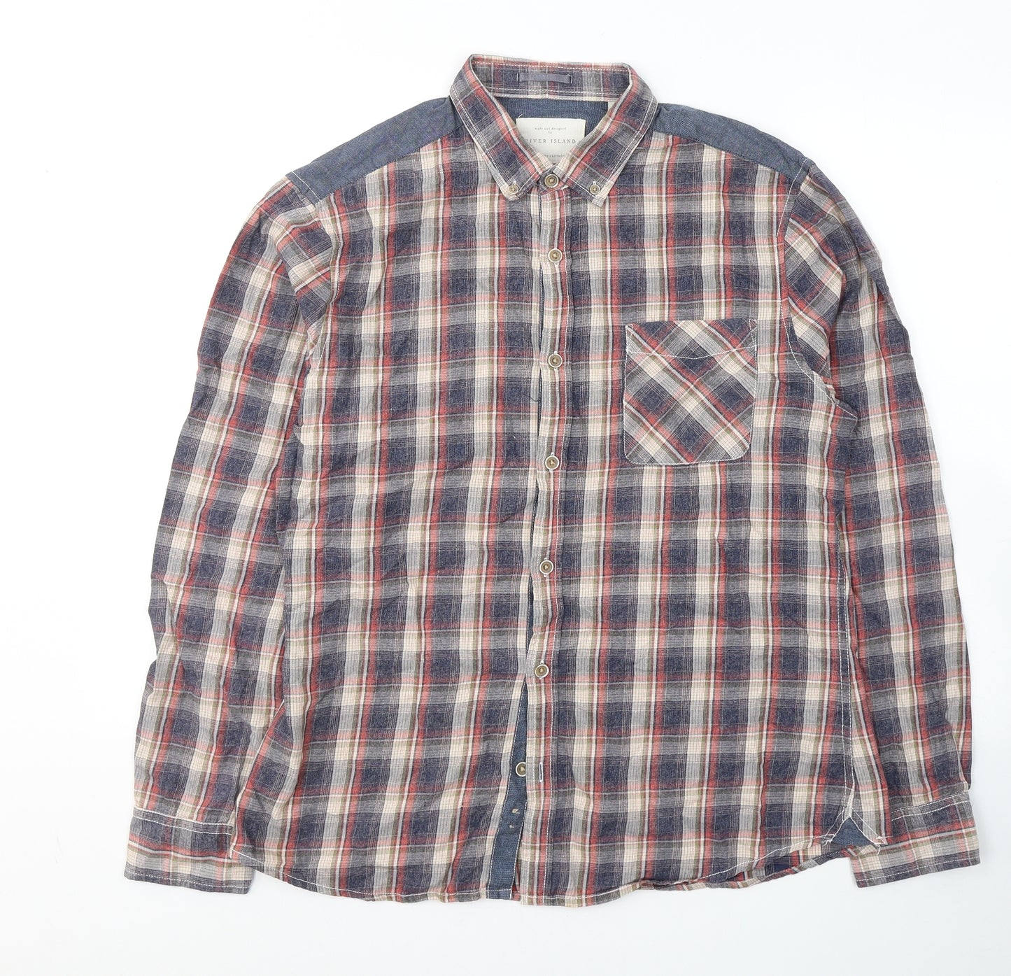 River Island Mens Blue Plaid Cotton  Button-Up Size L Collared Button