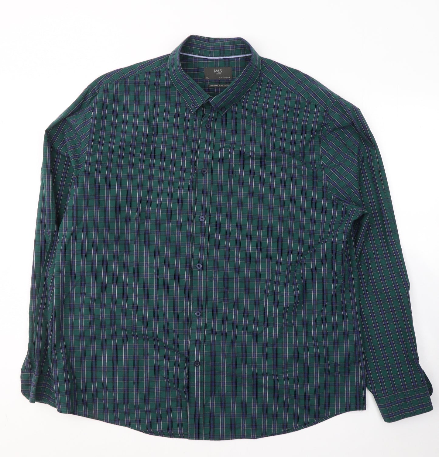 Marks and Spencer Mens Green Plaid Cotton  Button-Up Size 2XL Collared Button