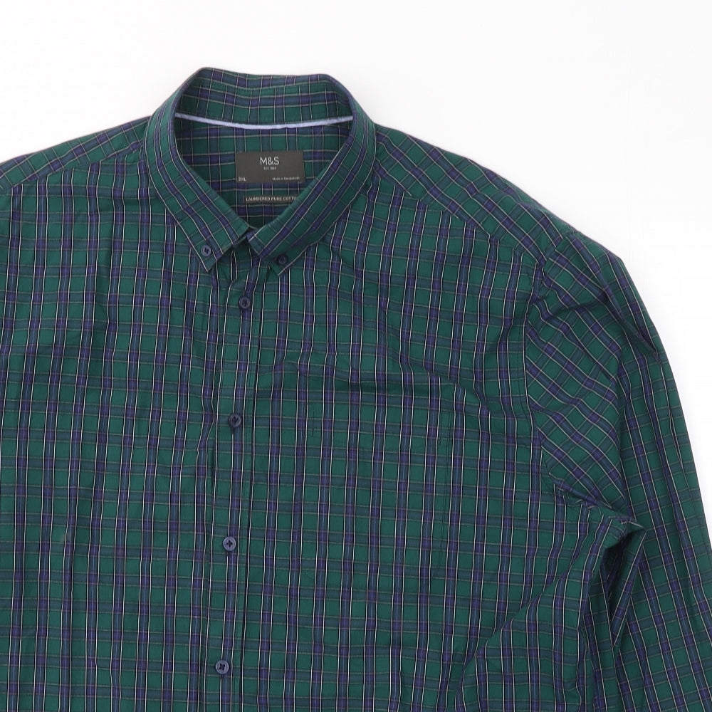 Marks and Spencer Mens Green Plaid Cotton  Button-Up Size 2XL Collared Button