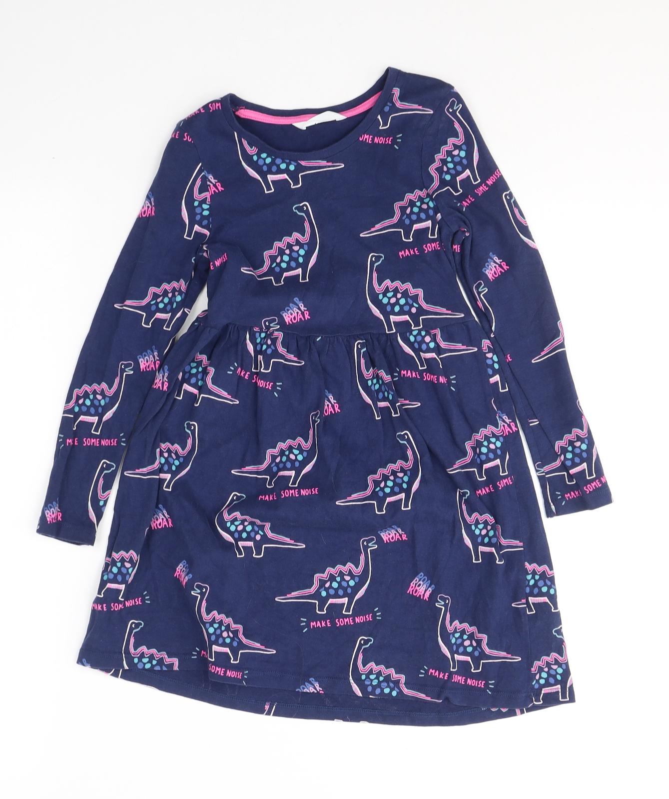 Marks and Spencer Girls Blue  Cotton Fit & Flare  Size 5-6 Years  Round Neck Pullover - Dinosaurs