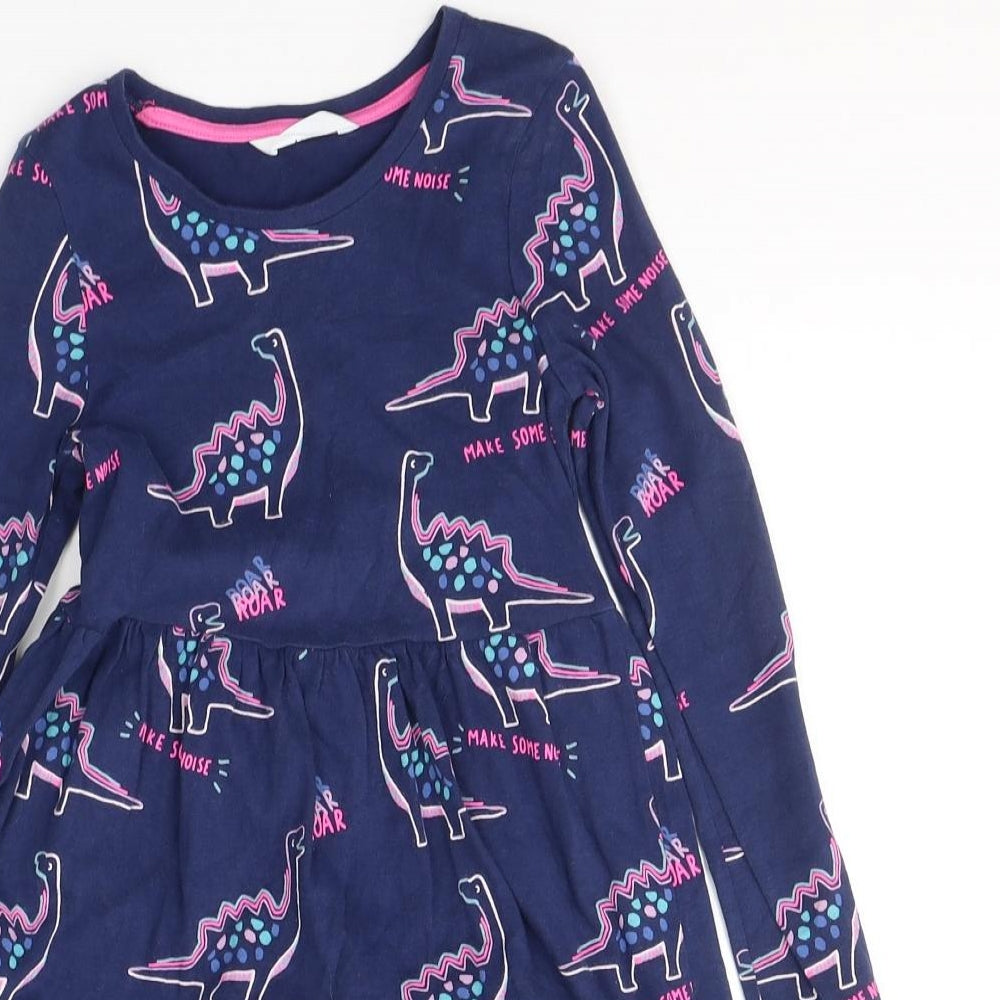 Marks and Spencer Girls Blue  Cotton Fit & Flare  Size 5-6 Years  Round Neck Pullover - Dinosaurs