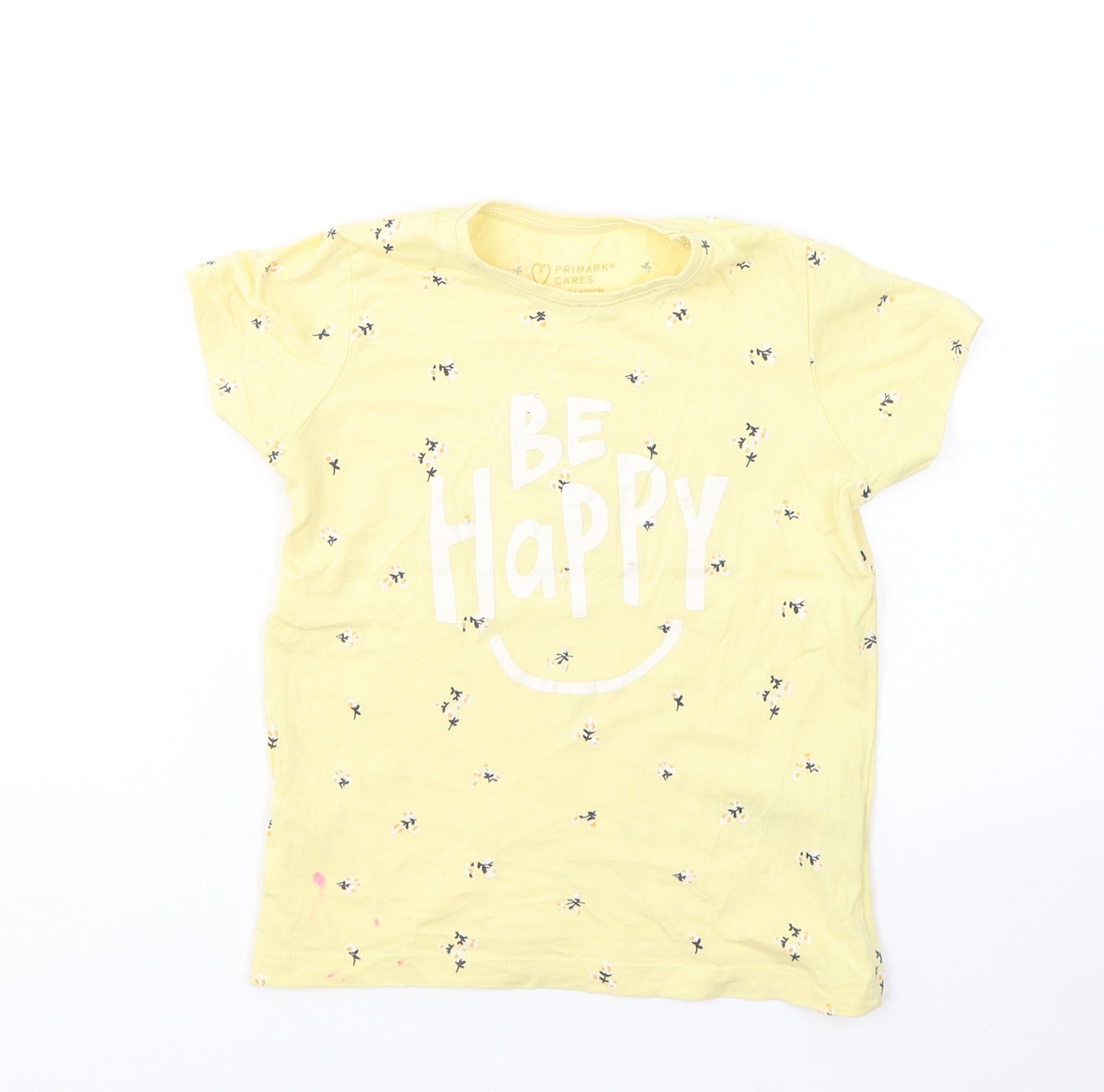 Primark Girls Yellow Spotted Cotton Basic T-Shirt Size 6-7 Years Round Neck Pullover - Be happy