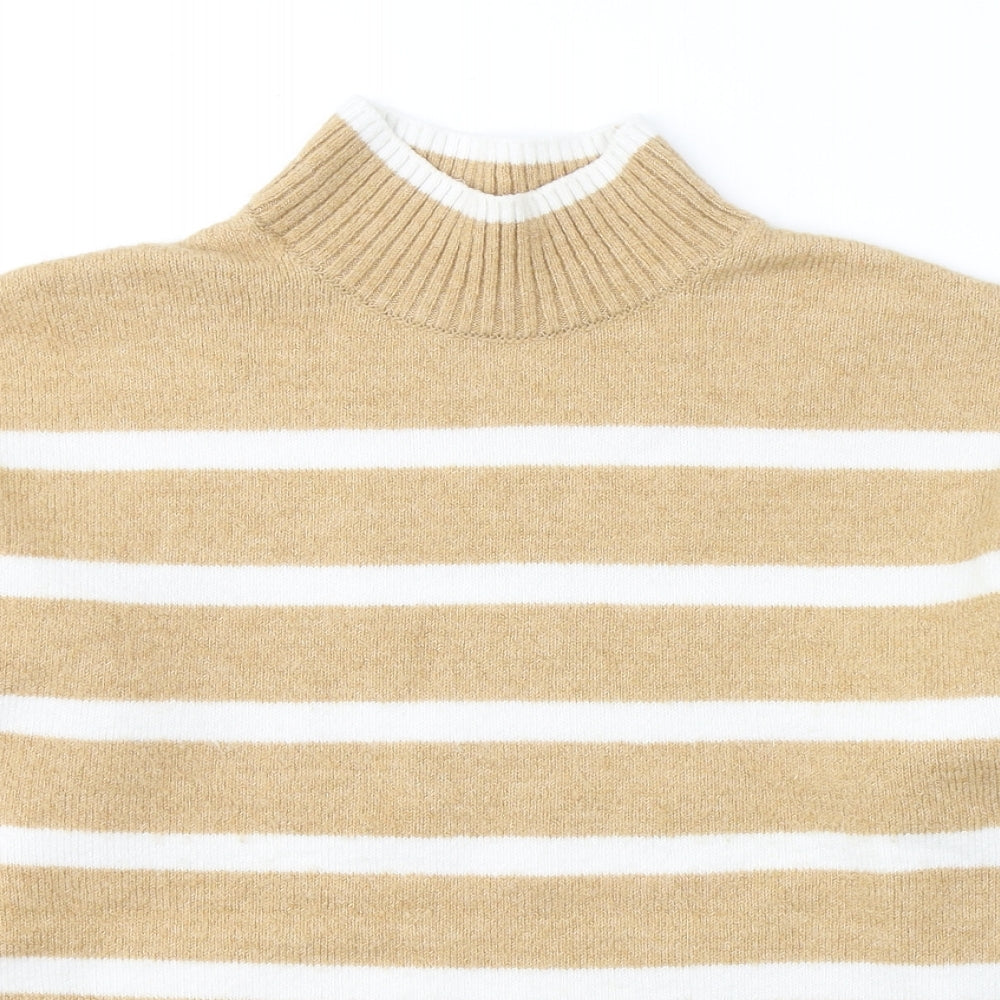 F&F Womens Beige High Neck Striped Acrylic Pullover Jumper Size S