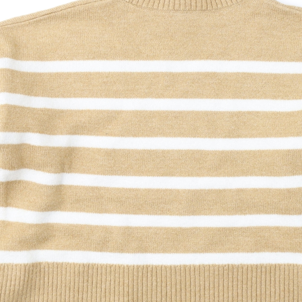 F&F Womens Beige High Neck Striped Acrylic Pullover Jumper Size S
