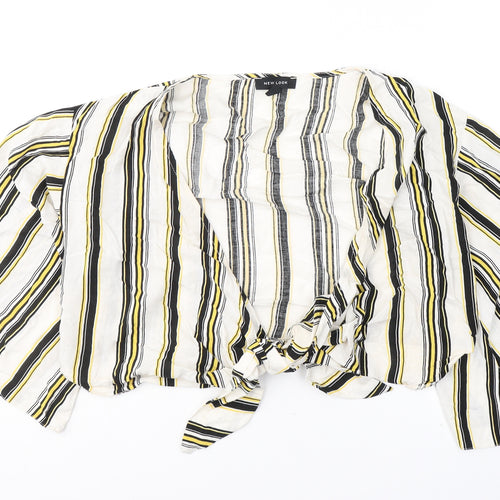 New Look Womens White Striped Cotton Cropped Blouse Size 12 V-Neck - tie detail