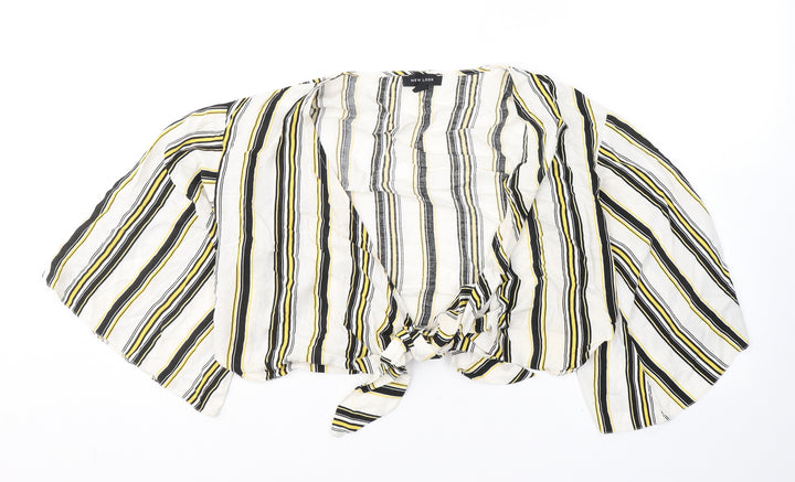 New Look Womens White Striped Cotton Cropped Blouse Size 12 V-Neck - tie detail