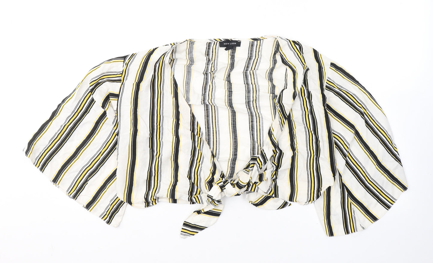 New Look Womens White Striped Cotton Cropped Blouse Size 12 V-Neck - tie detail