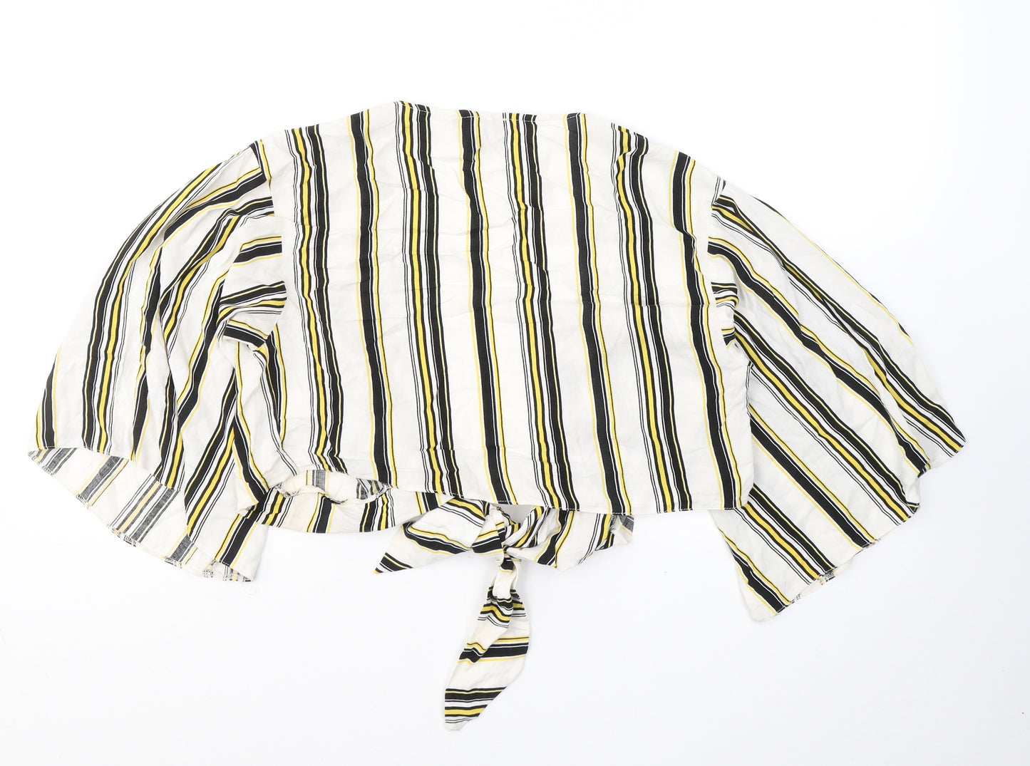 New Look Womens White Striped Cotton Cropped Blouse Size 12 V-Neck - tie detail
