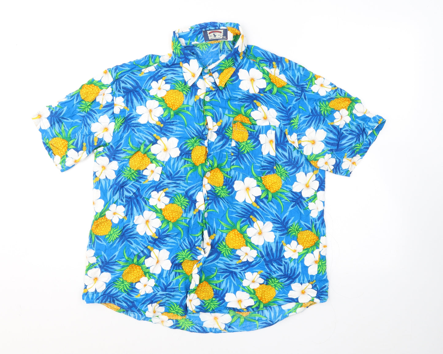 Harry Morgan Mens Blue Floral Polyester  Button-Up Size XL Collared Button - Pineapple/flowers