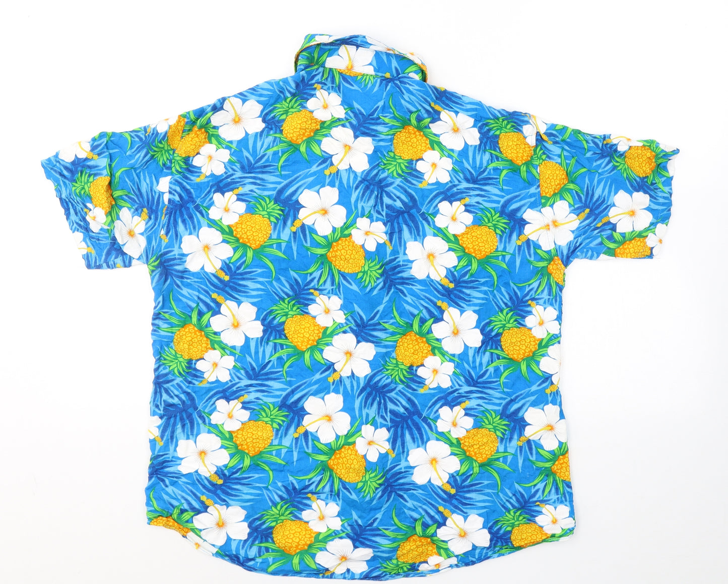 Harry Morgan Mens Blue Floral Polyester  Button-Up Size XL Collared Button - Pineapple/flowers