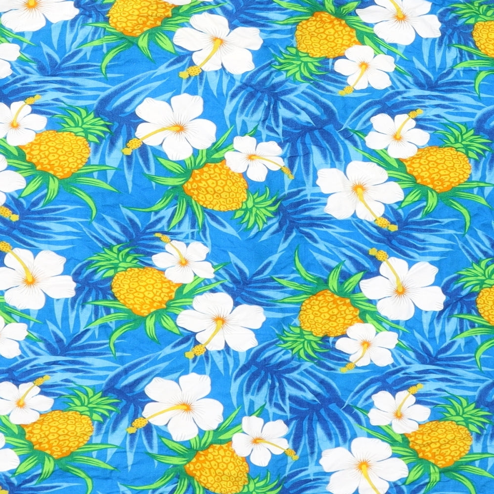 Harry Morgan Mens Blue Floral Polyester  Button-Up Size XL Collared Button - Pineapple/flowers