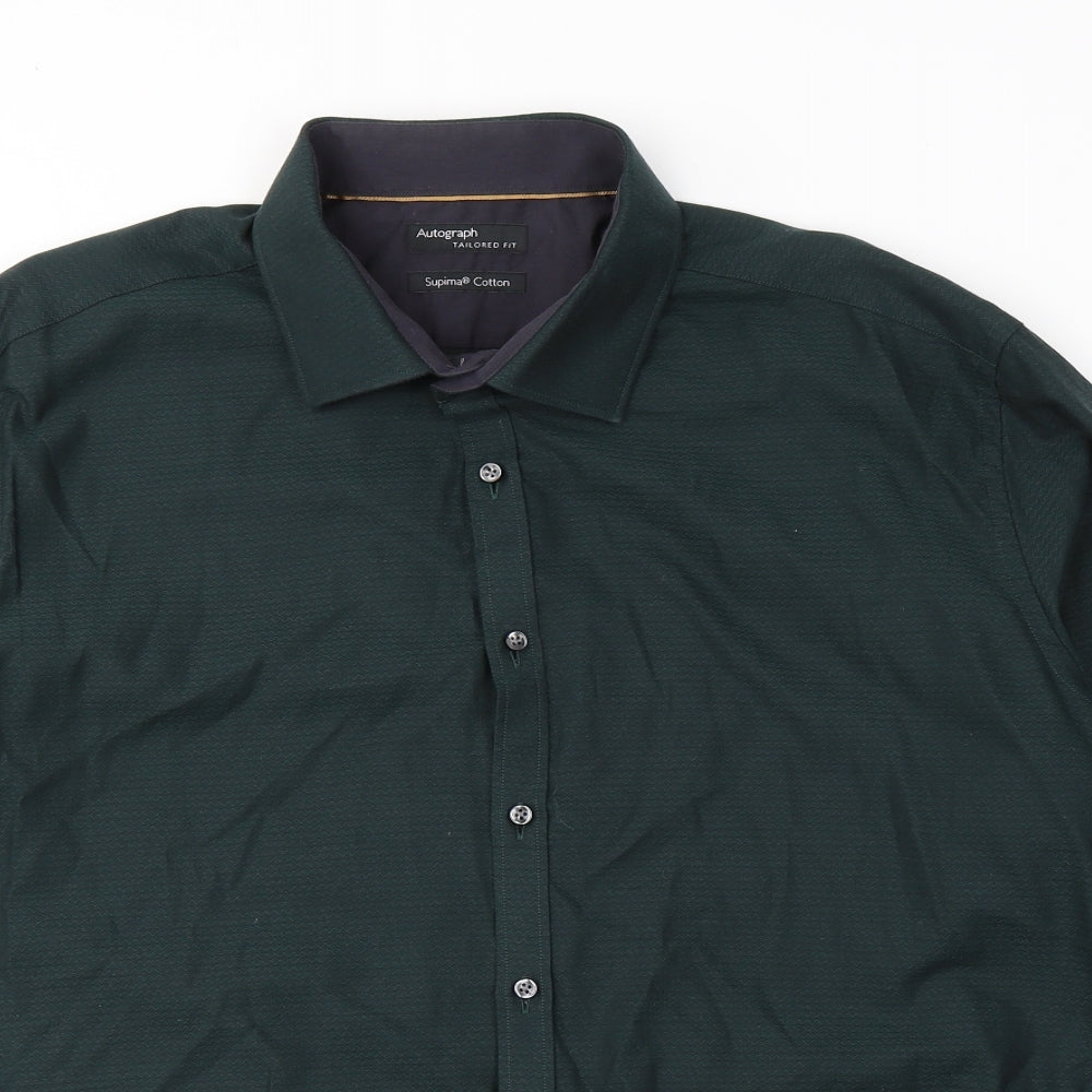 Marks and Spencer Mens Green Geometric Cotton  Button-Up Size 2XL Collared Button