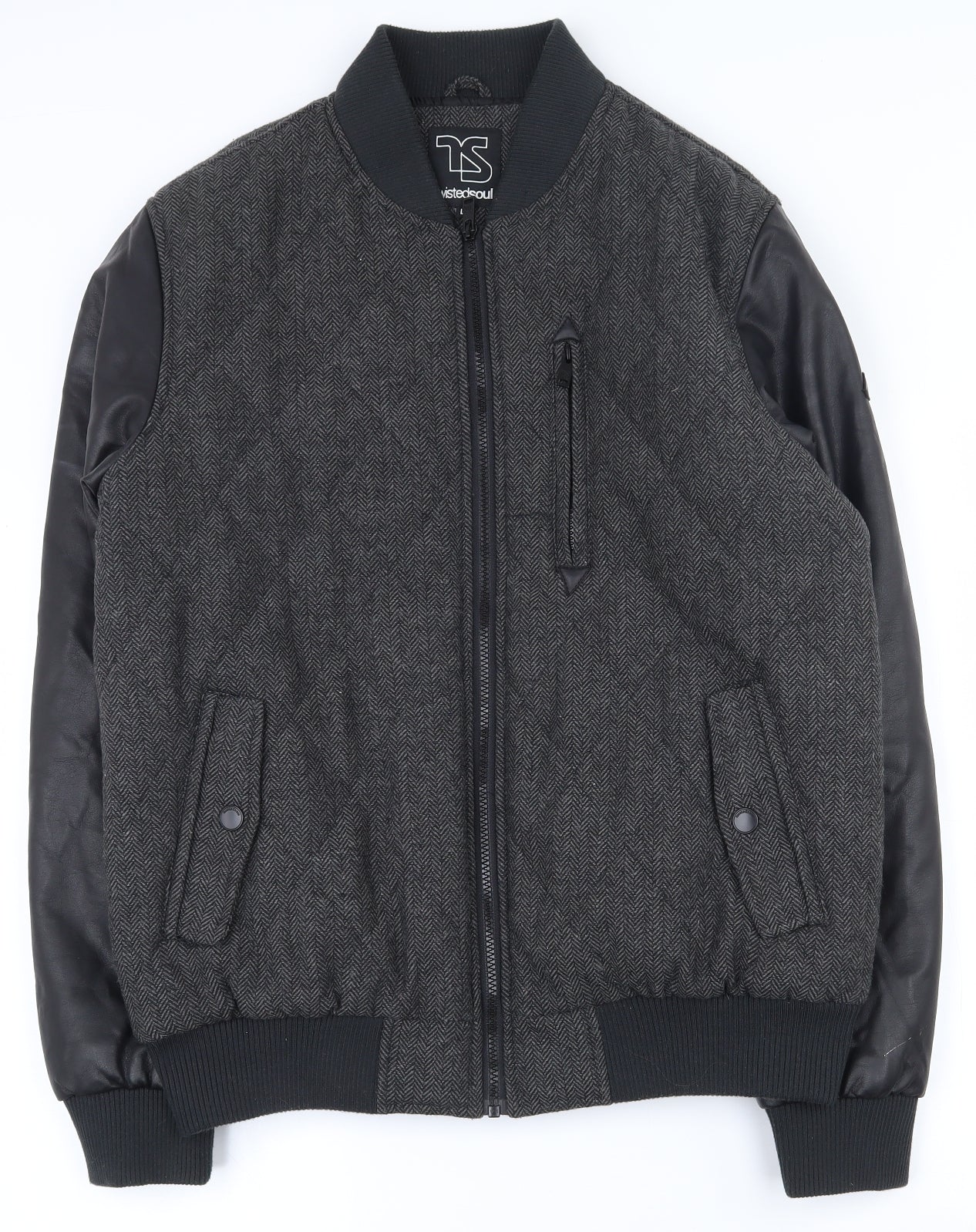 Twisted Soul Mens Grey Herringbone  Varsity Jacket Jacket Size L  Zip