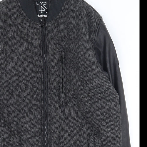 Twisted Soul Mens Grey Herringbone  Varsity Jacket Jacket Size L  Zip