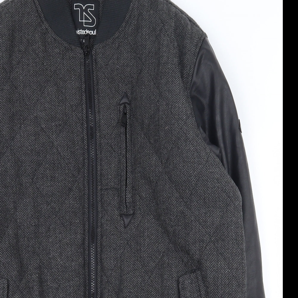 Twisted Soul Mens Grey Herringbone  Varsity Jacket Jacket Size L  Zip
