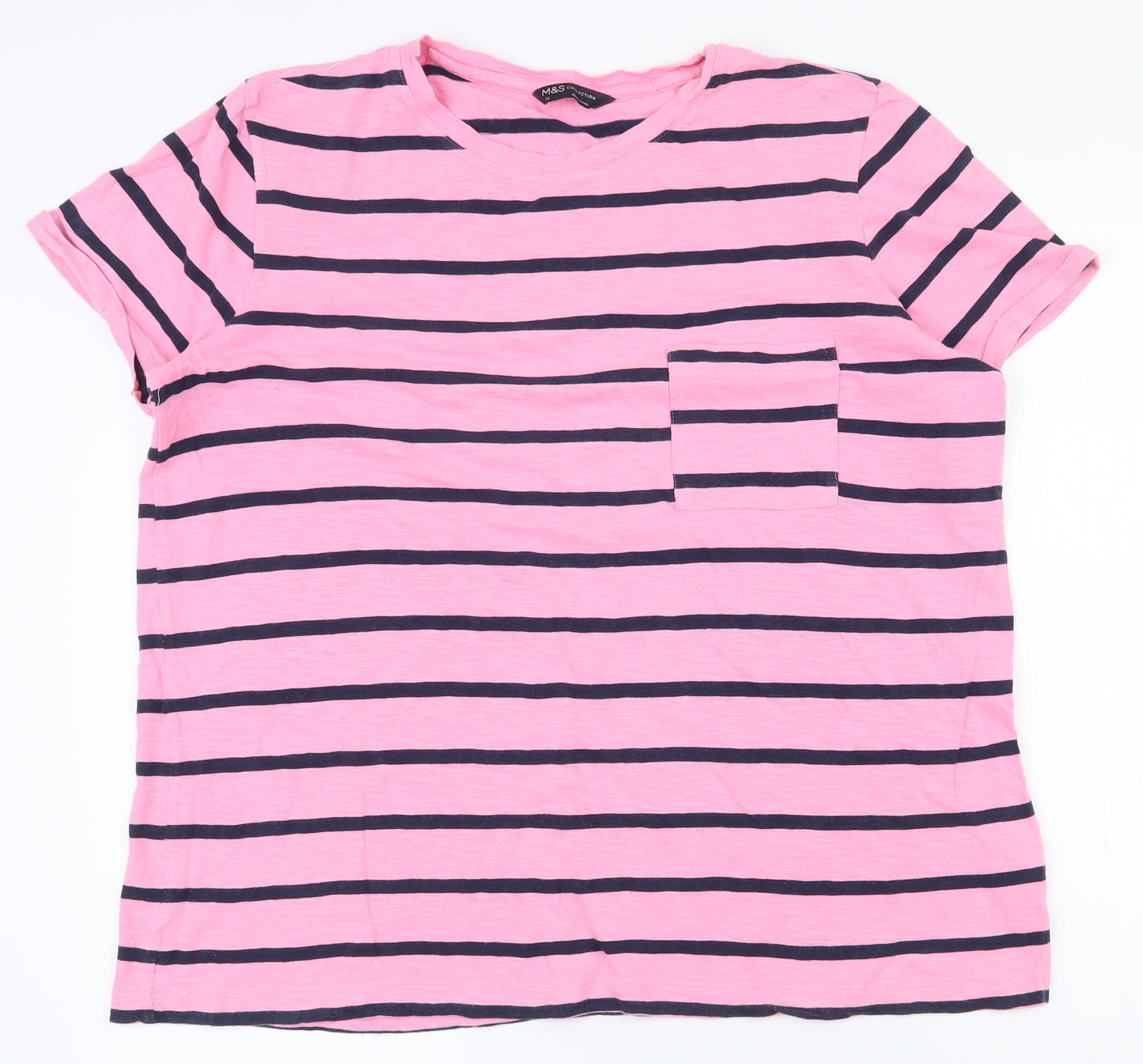 Marks Womens Pink Striped 100% Cotton Basic T-Shirt Size 16 Round Neck