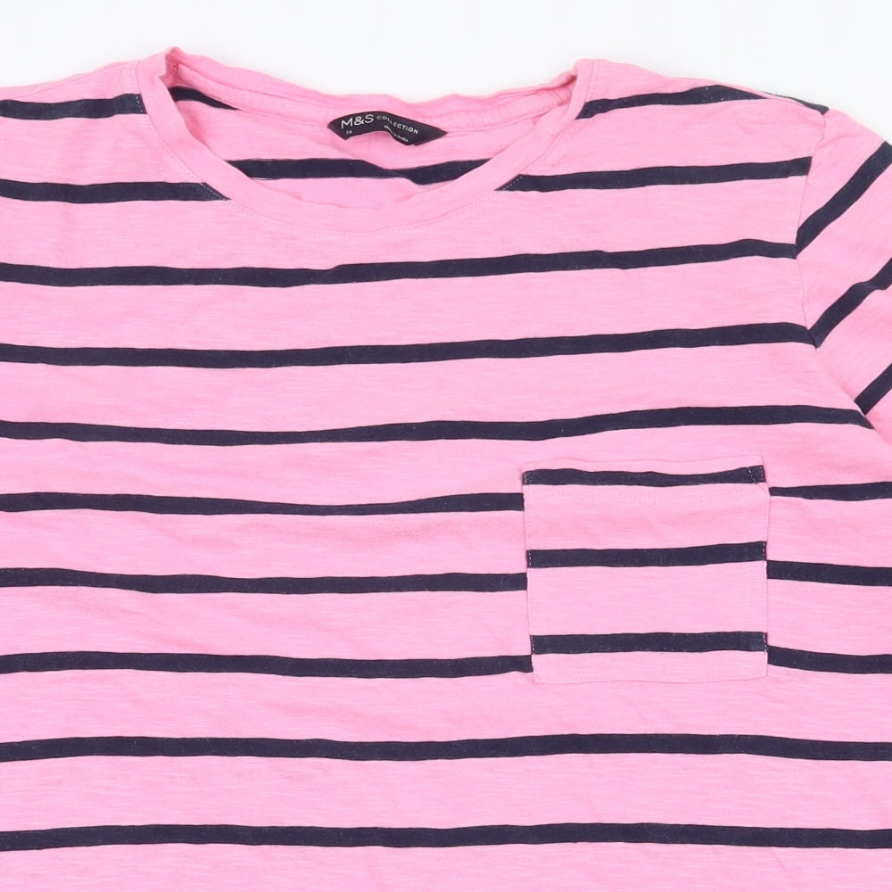 Marks Womens Pink Striped 100% Cotton Basic T-Shirt Size 16 Round Neck