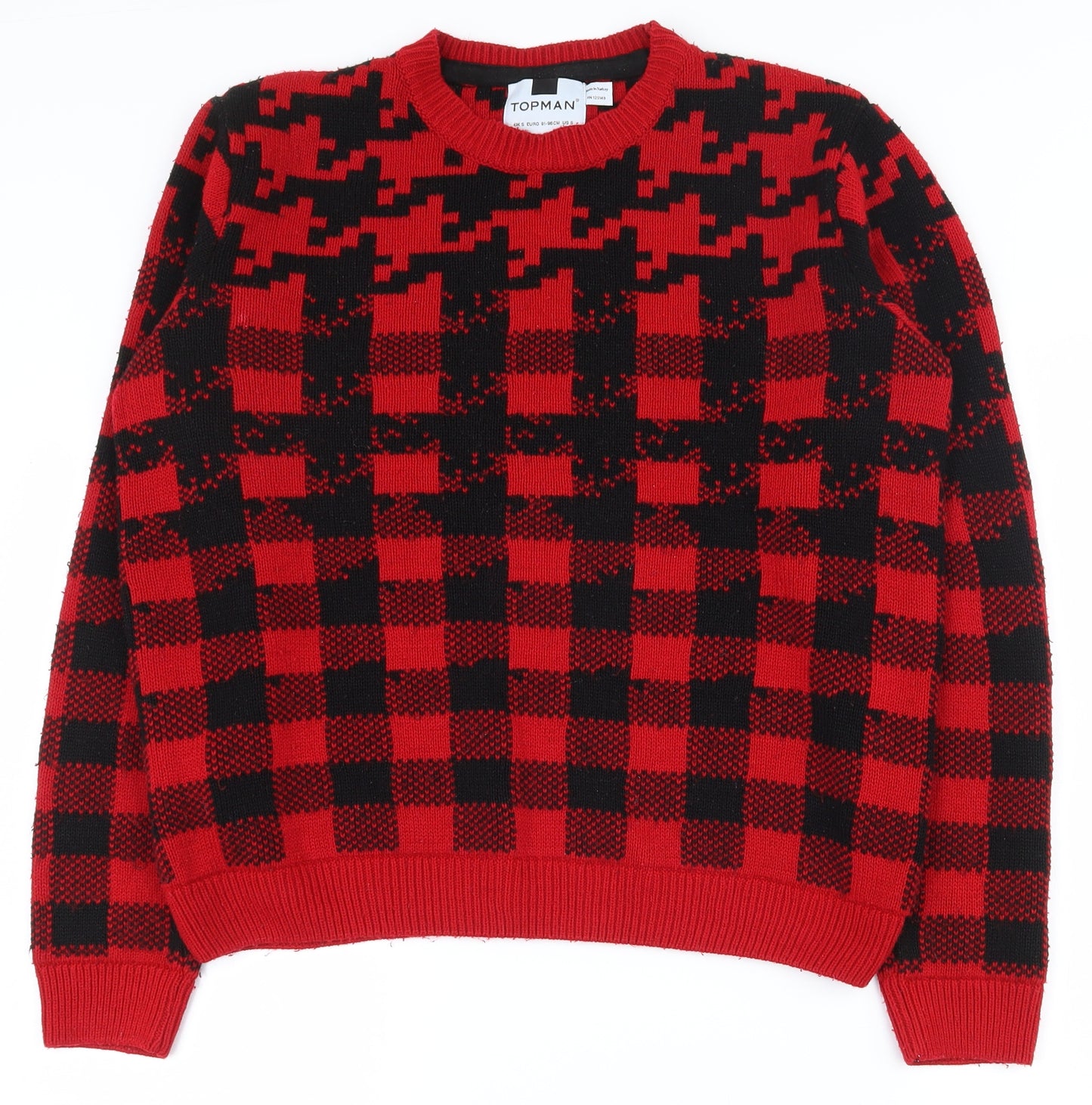 Topman Mens Red Crew Neck Houndstooth Acrylic Pullover Jumper Size S   - Houndstooth/Gingham Pattern