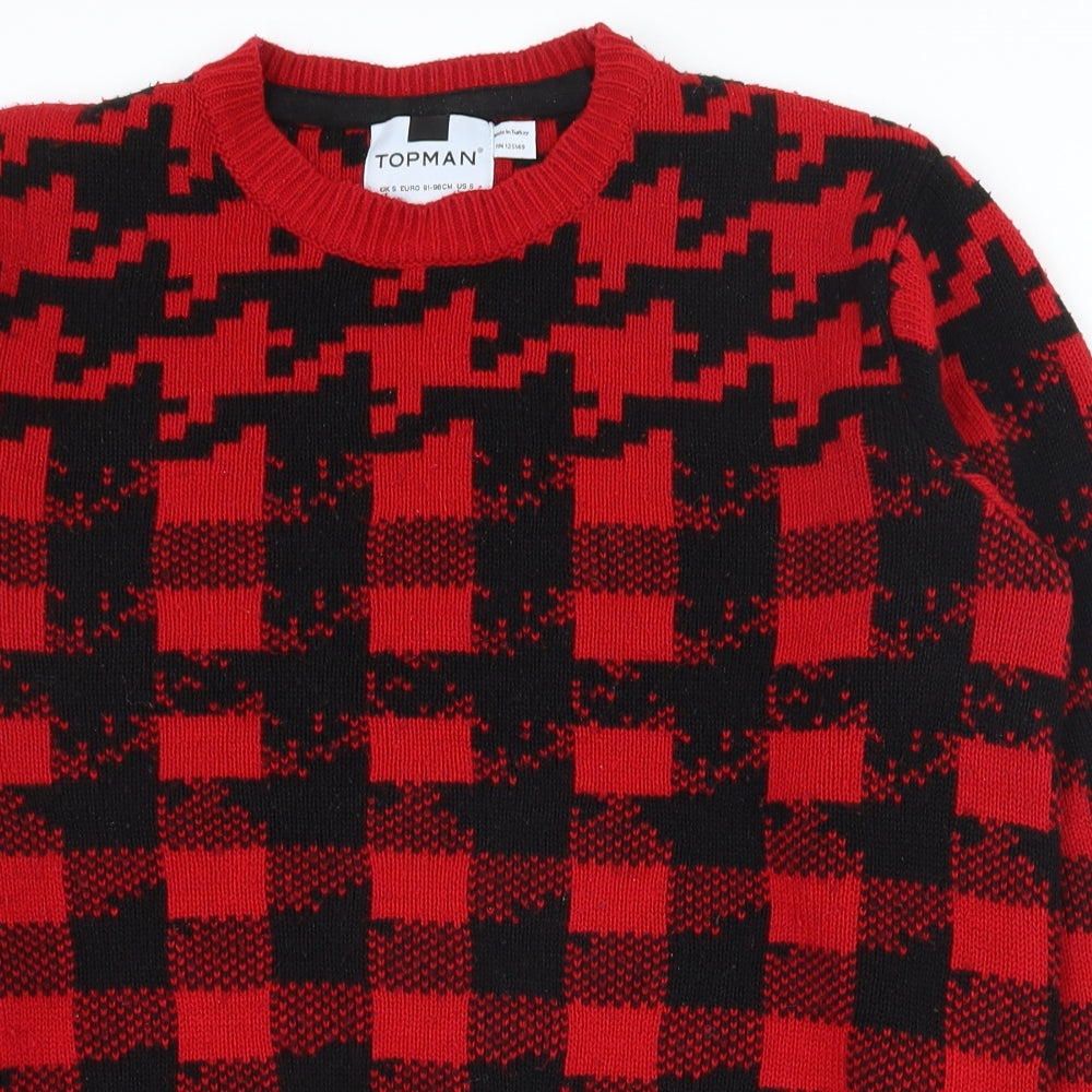 Topman Mens Red Crew Neck Houndstooth Acrylic Pullover Jumper Size S   - Houndstooth/Gingham Pattern