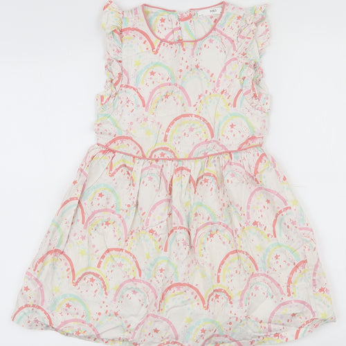 Marks and Spencer Girls Multicoloured  100% Cotton Fit & Flare  Size 6-7 Years  Round Neck Zip - Rainbow and star pattern