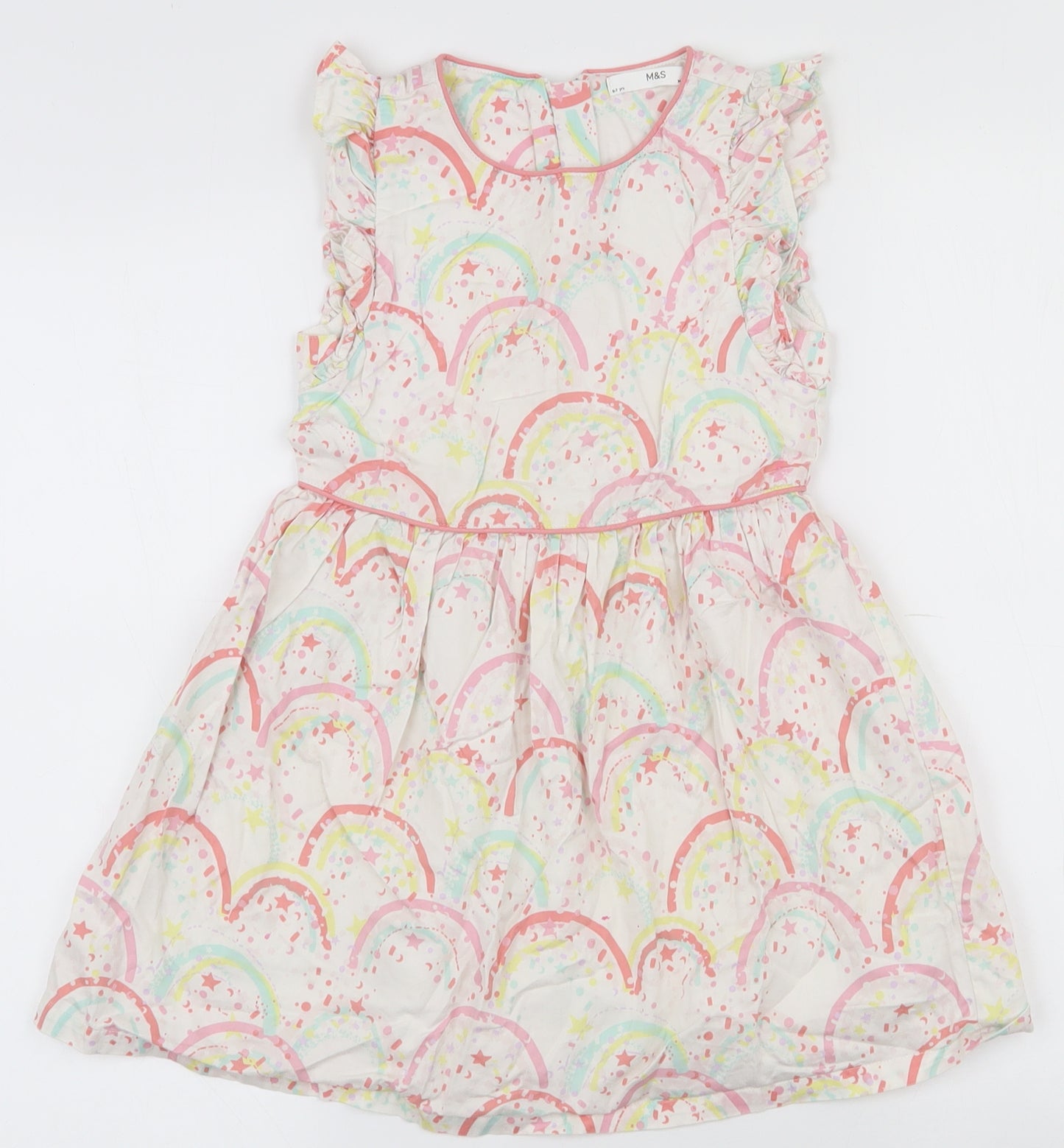Marks and Spencer Girls Multicoloured  100% Cotton Fit & Flare  Size 6-7 Years  Round Neck Zip - Rainbow and star pattern