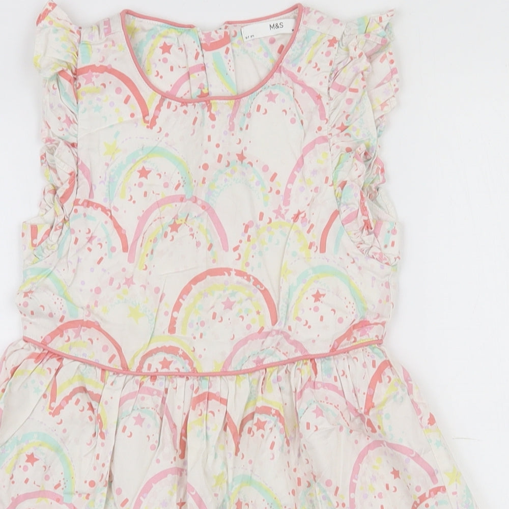 Marks and Spencer Girls Multicoloured  100% Cotton Fit & Flare  Size 6-7 Years  Round Neck Zip - Rainbow and star pattern