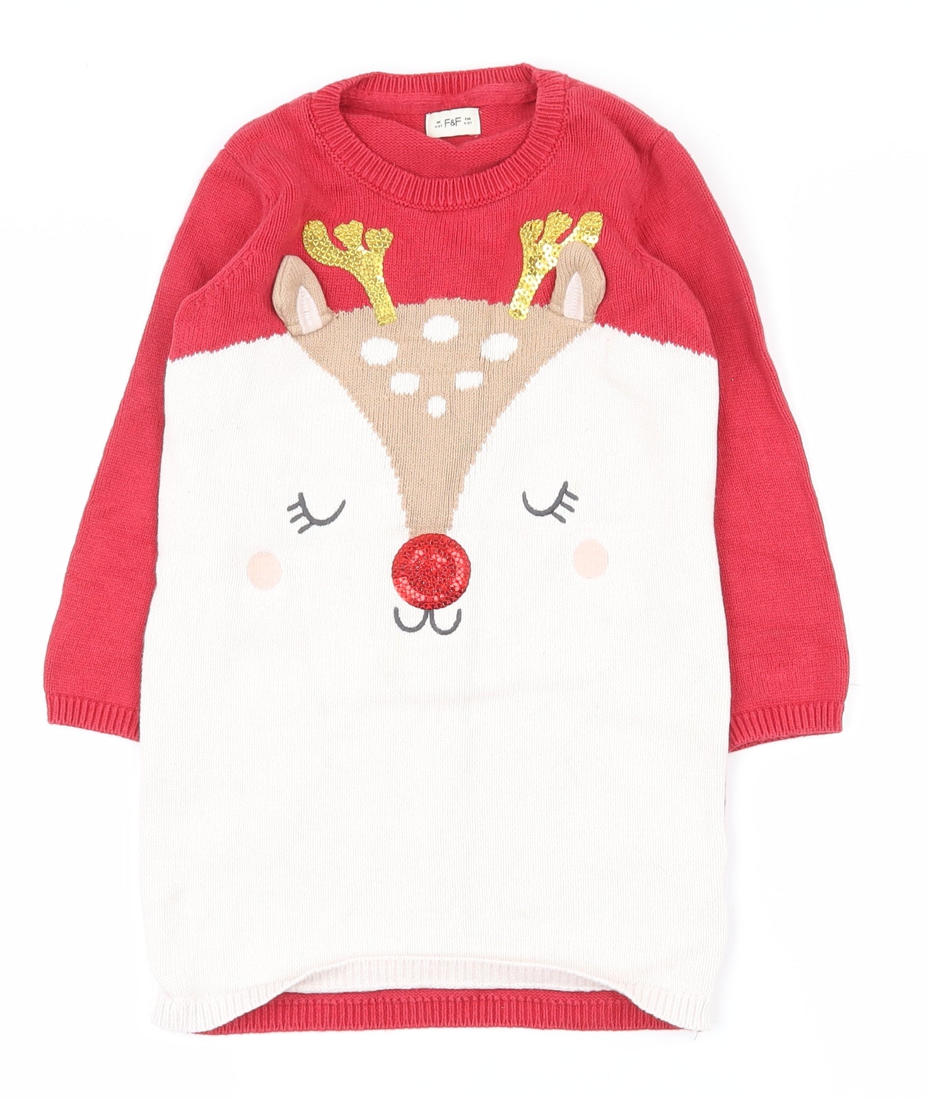 F&F Girls Red Crew Neck  100% Cotton Pullover Jumper Size 4-5 Years  Pullover - Christmas jumper