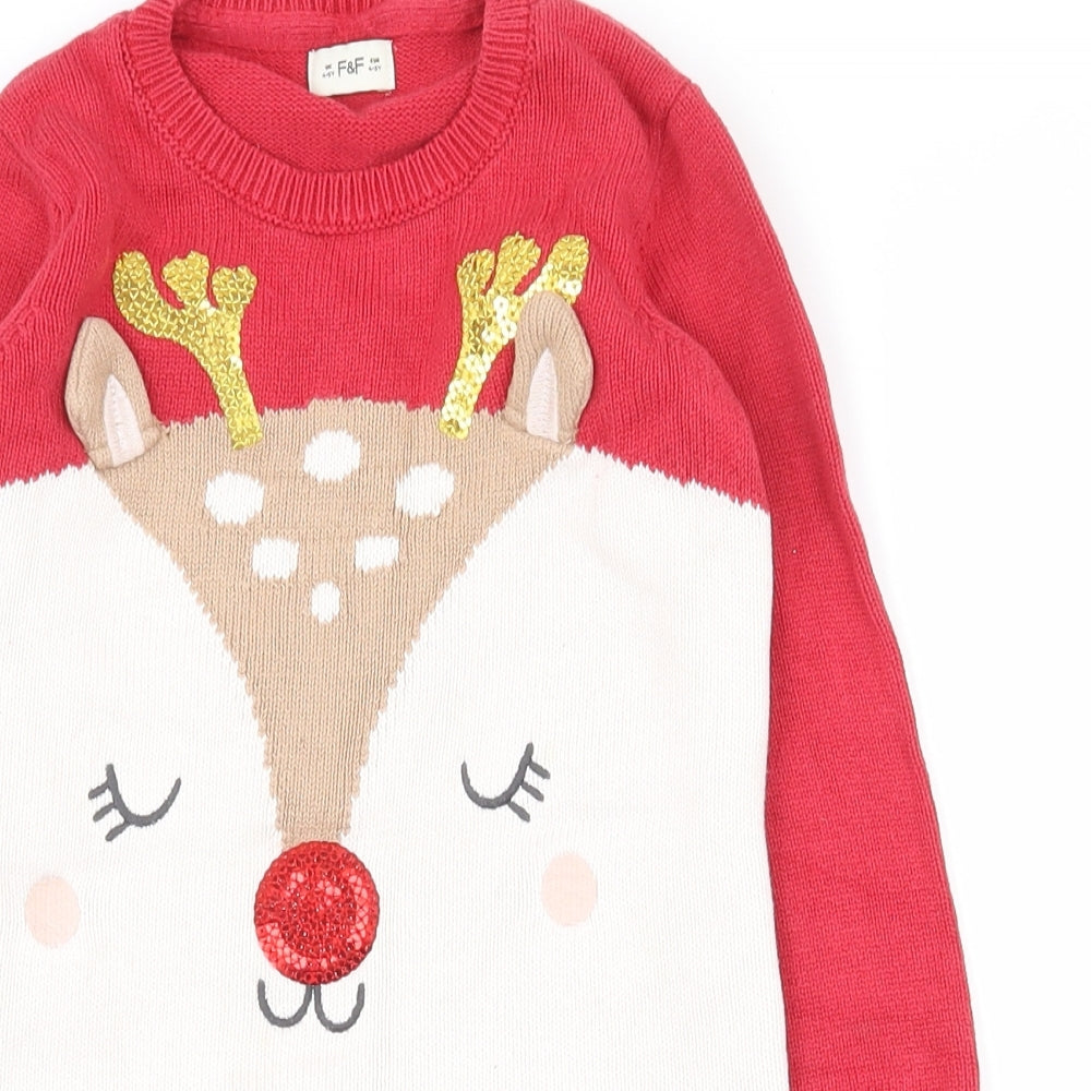 F&F Girls Red Crew Neck  100% Cotton Pullover Jumper Size 4-5 Years  Pullover - Christmas jumper