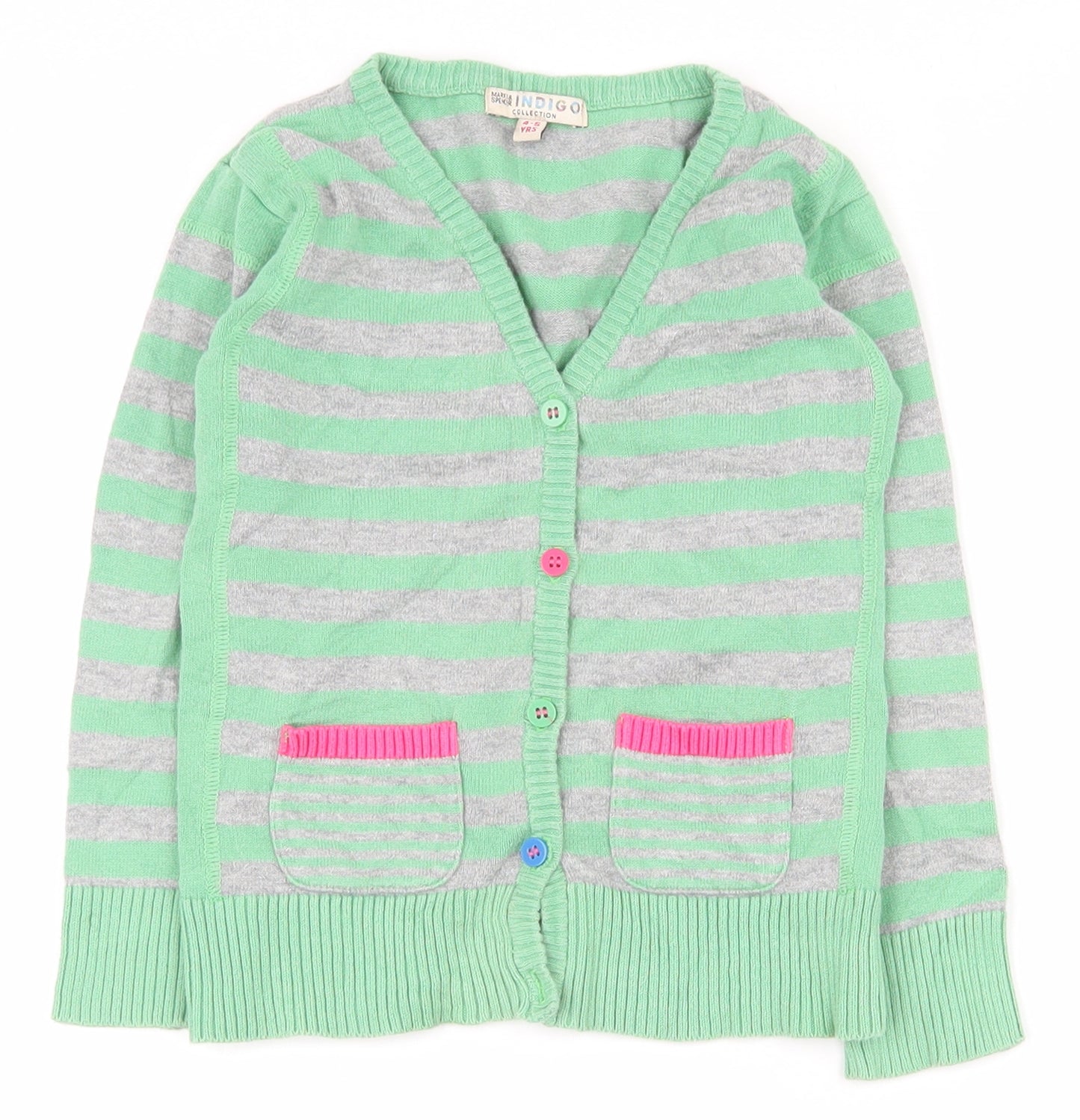 Indigo Girls Green V-Neck Striped 100% Cotton Cardigan Jumper Size 4-5 Years  Button