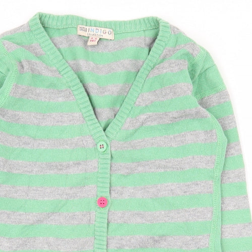 Indigo Girls Green V-Neck Striped 100% Cotton Cardigan Jumper Size 4-5 Years  Button