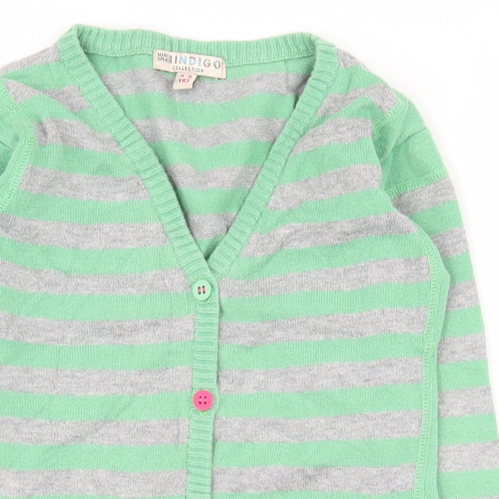 Indigo Girls Green V-Neck Striped 100% Cotton Cardigan Jumper Size 4-5 Years  Button