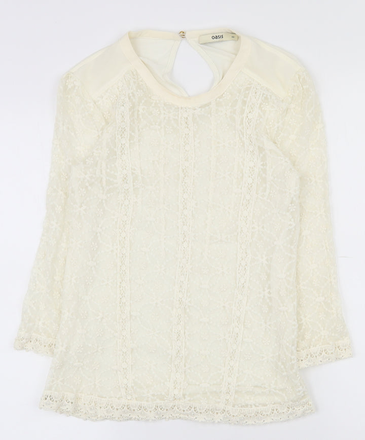 Oasis Womens Ivory Geometric Polyester Basic T-Shirt Size XS Round Neck