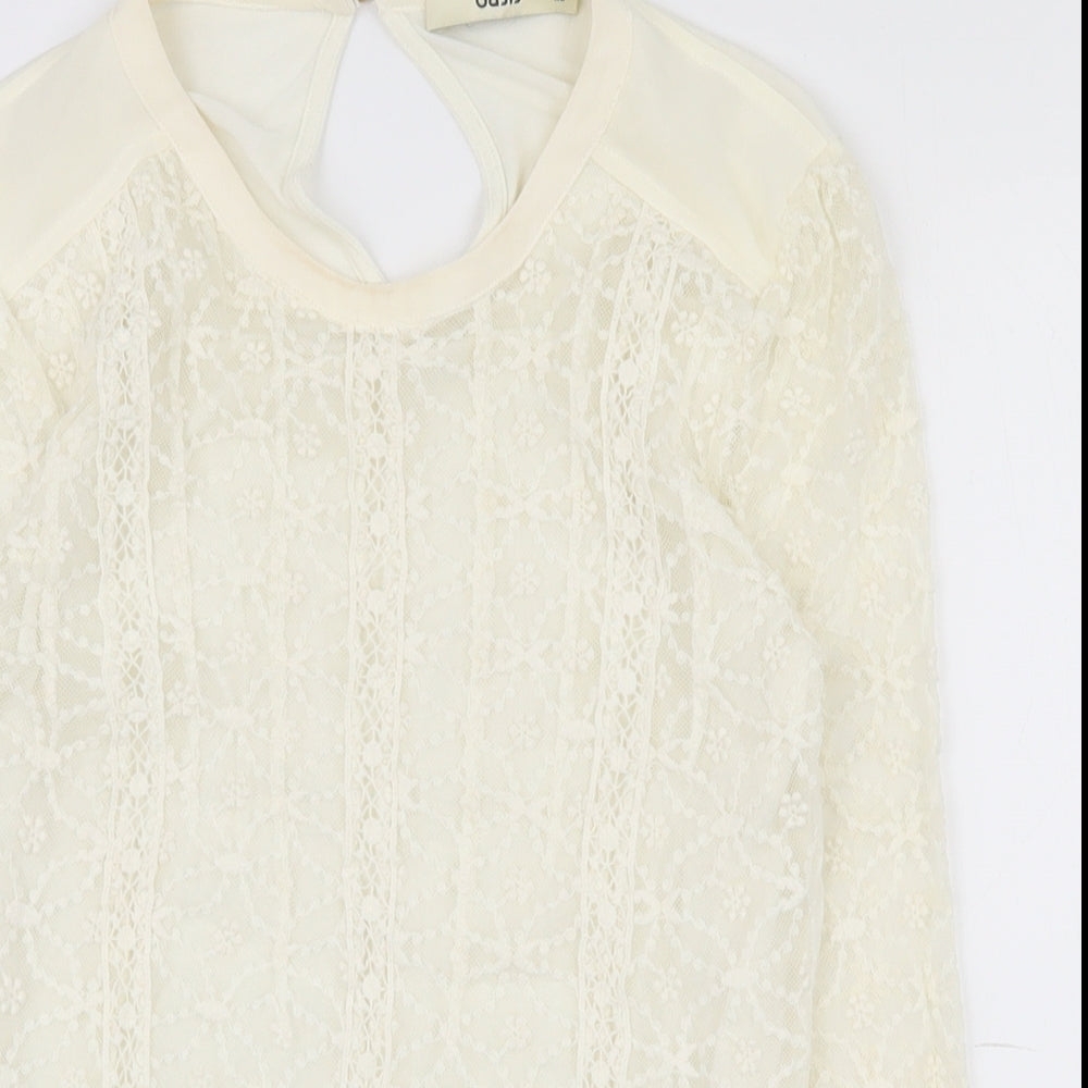 Oasis Womens Ivory Geometric Polyester Basic T-Shirt Size XS Round Neck