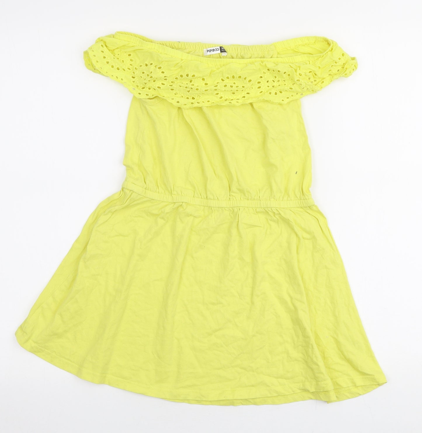 Pep & Co Girls Yellow  100% Cotton Skater Dress  Size 10-11 Years  Off the Shoulder Pullover