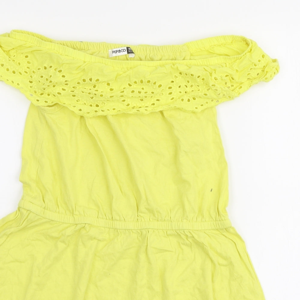 Pep & Co Girls Yellow  100% Cotton Skater Dress  Size 10-11 Years  Off the Shoulder Pullover