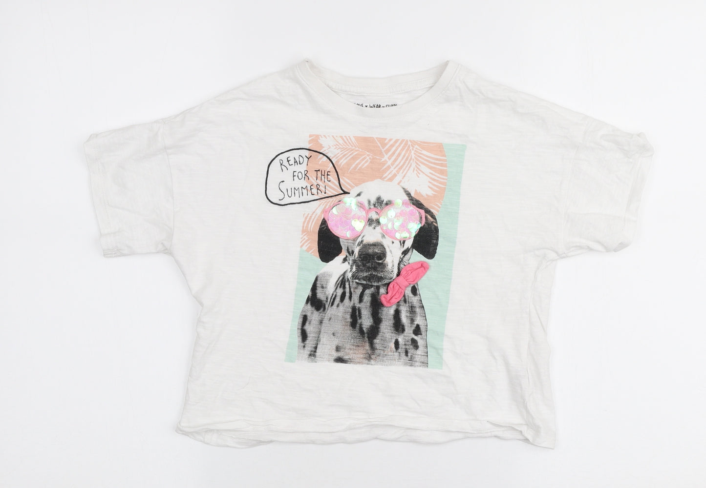 F&F Girls White  Cotton Cropped T-Shirt Size 10-11 Years Round Neck Pullover - Dalmation