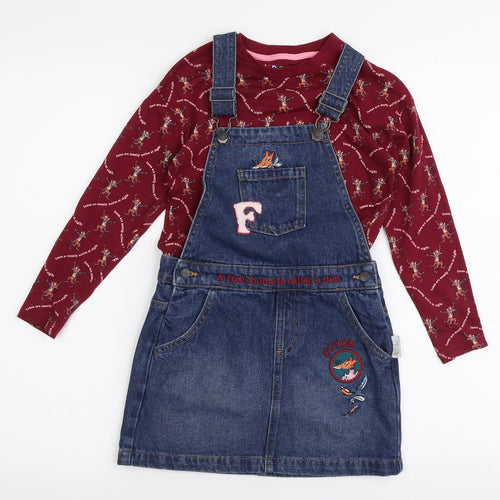 Marks and Spencer Girls Multicoloured  100% Cotton Pinafore/Dungaree Dress  Size 5-6 Years  High Neck Pullover - Roald dahl Mr fox