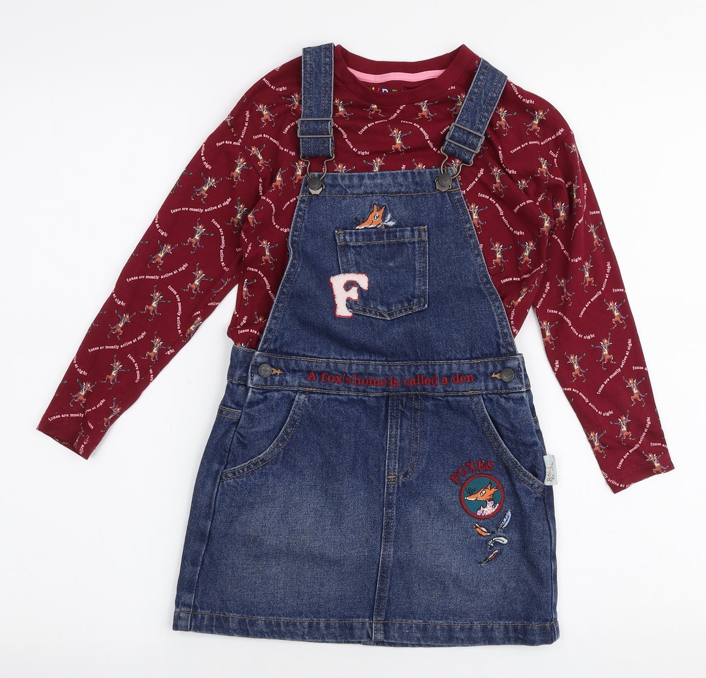 Marks and Spencer Girls Multicoloured  100% Cotton Pinafore/Dungaree Dress  Size 5-6 Years  High Neck Pullover - Roald dahl Mr fox