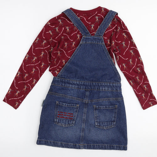 Marks and Spencer Girls Multicoloured  100% Cotton Pinafore/Dungaree Dress  Size 5-6 Years  High Neck Pullover - Roald dahl Mr fox