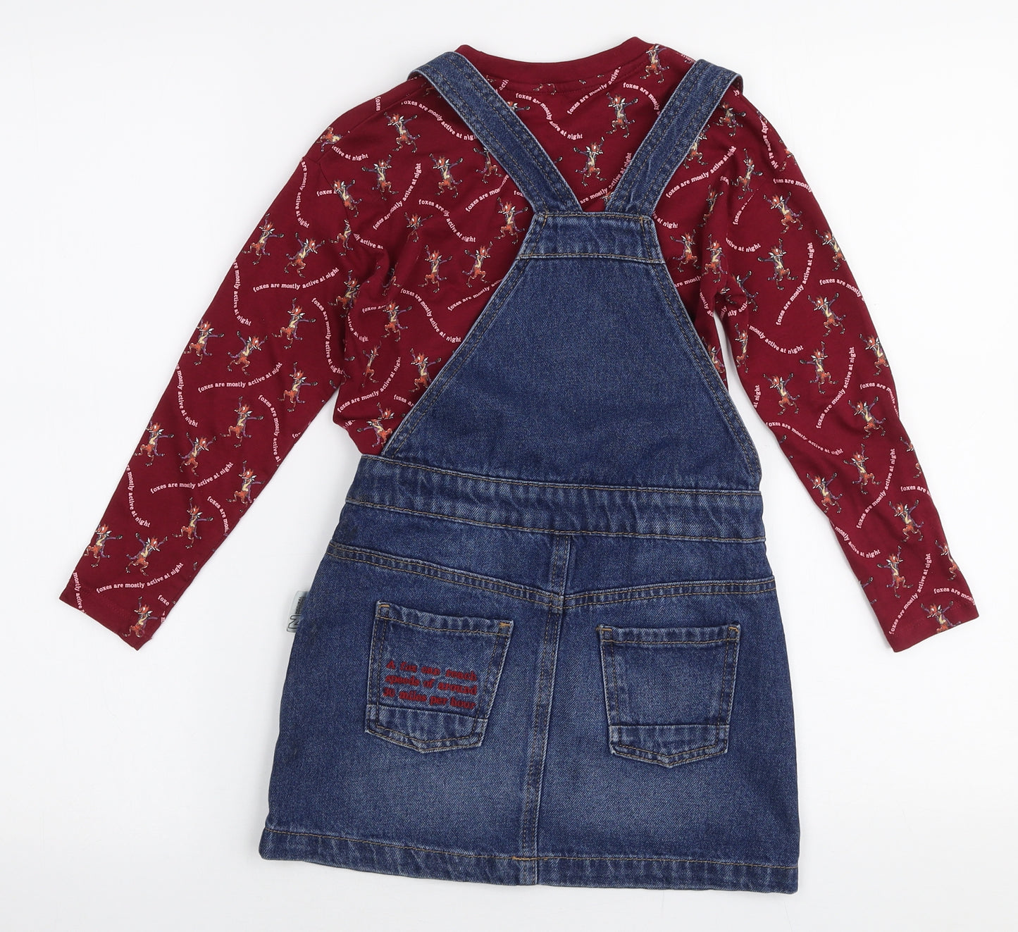 Marks and Spencer Girls Multicoloured  100% Cotton Pinafore/Dungaree Dress  Size 5-6 Years  High Neck Pullover - Roald dahl Mr fox