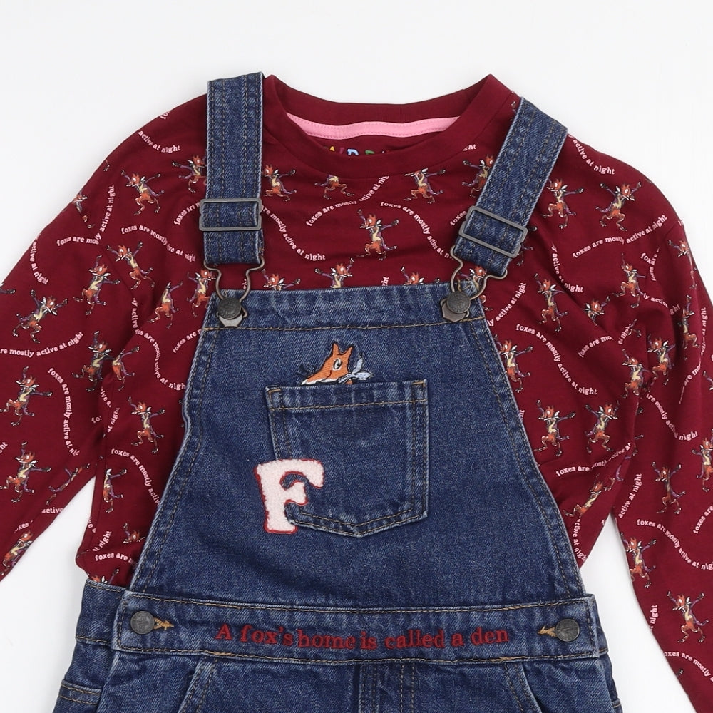 Marks and Spencer Girls Multicoloured  100% Cotton Pinafore/Dungaree Dress  Size 5-6 Years  High Neck Pullover - Roald dahl Mr fox