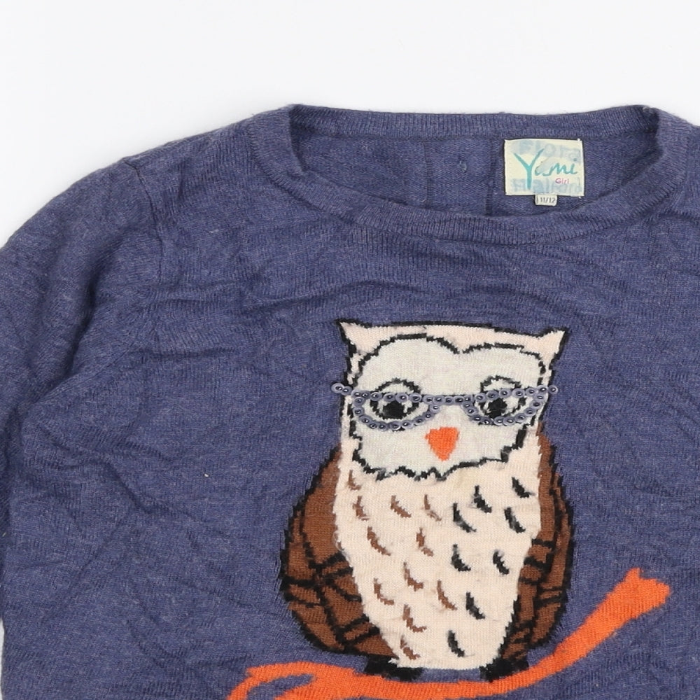 Yumi Girls Blue Round Neck  Angora Pullover Jumper Size 11-12 Years  Pullover - Owl