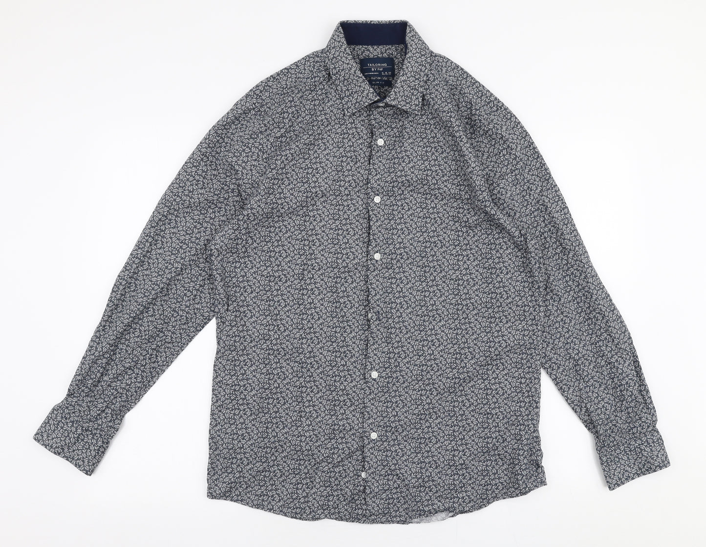 F&F Mens Blue Floral Cotton  Dress Shirt Size 15.5 Collared Button