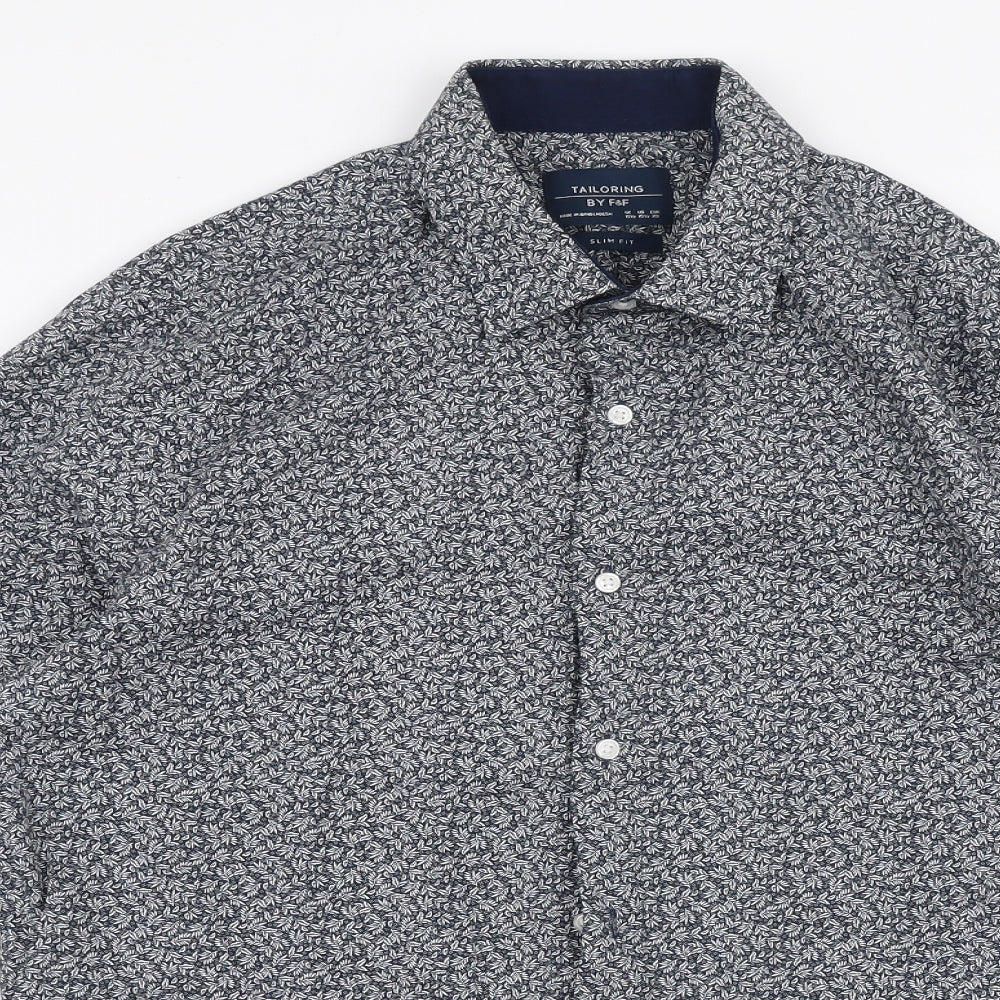 F&F Mens Blue Floral Cotton  Dress Shirt Size 15.5 Collared Button