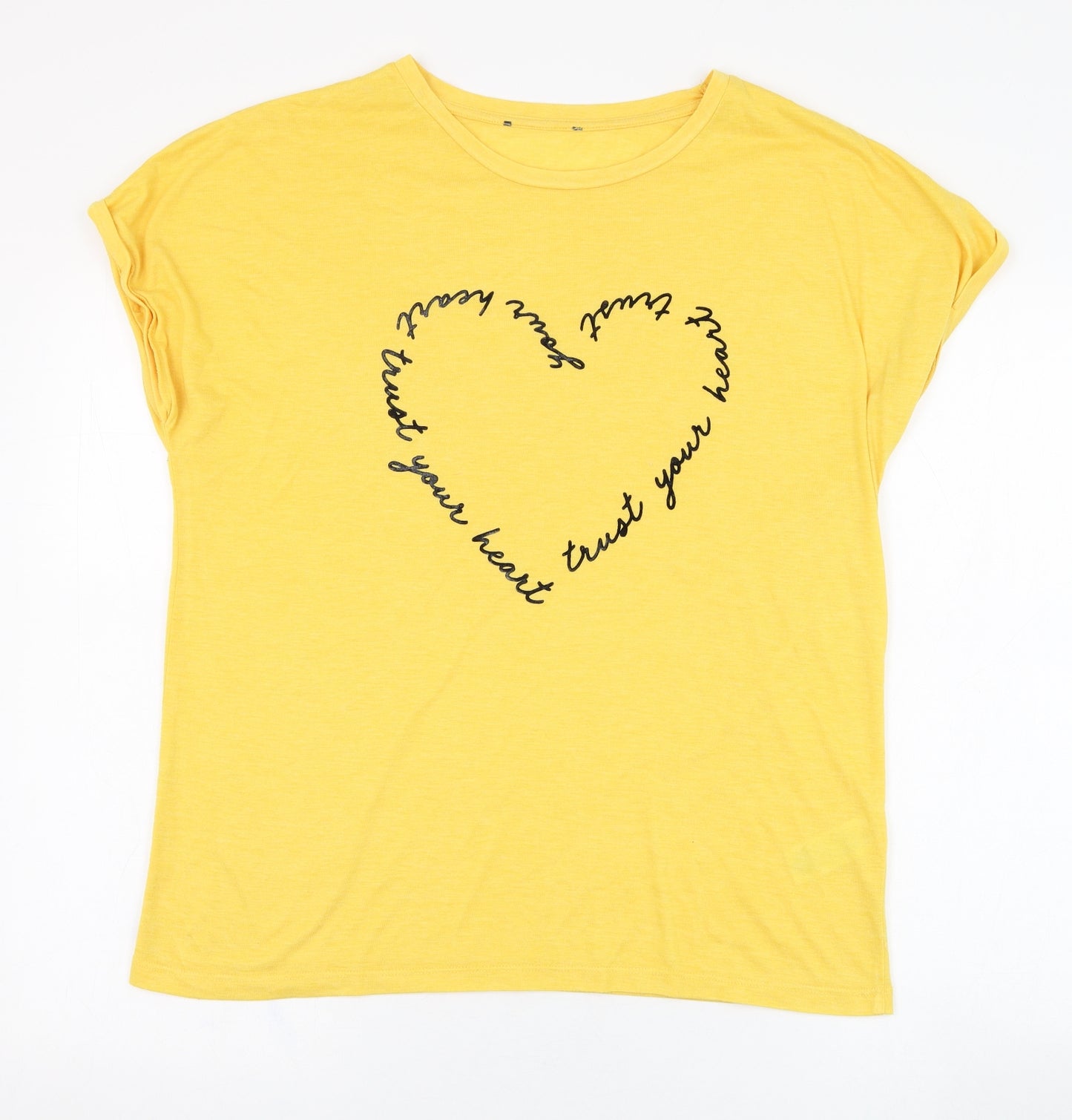 Primark Womens Yellow  Polyester Basic T-Shirt Size 12 Round Neck - Slogan, Heart