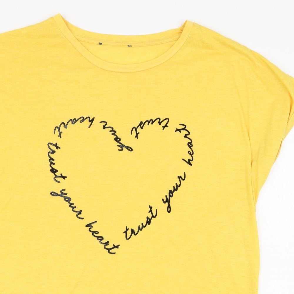 Primark Womens Yellow  Polyester Basic T-Shirt Size 12 Round Neck - Slogan, Heart